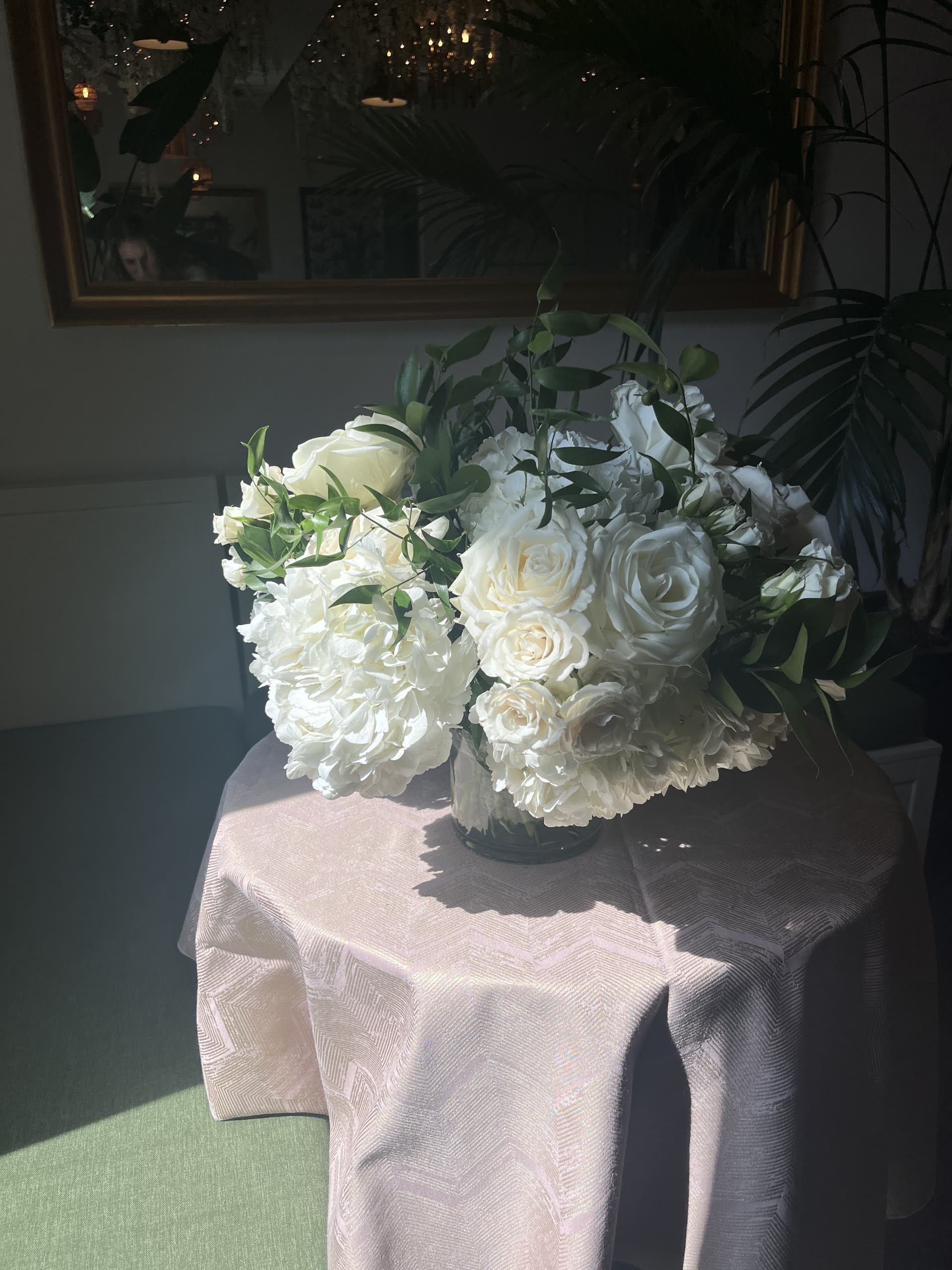 White rose and hydrangea composition – corporate event design